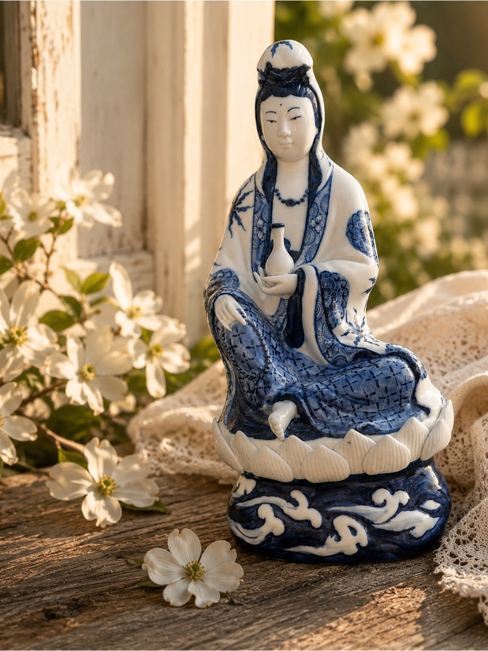 Vintage Andrea by Sadak Blue & White Guanyin Figurine